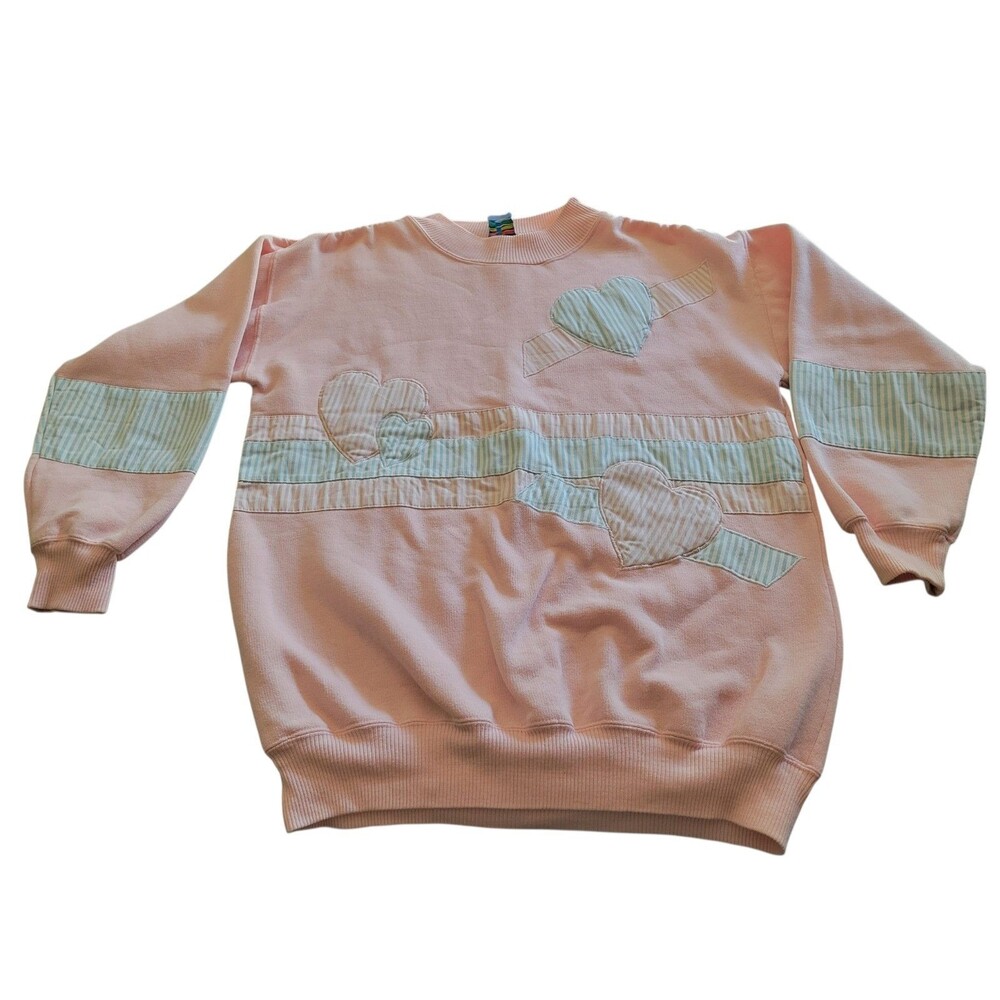 Vintage Womens Medium Sweatshirt Pink W Patchwork Blue Hearts Traffic Jam 90's